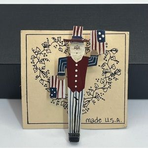 Patriotic Uncle Sam Folk Art Pin Brooch USA Fashion Jewelry 3"